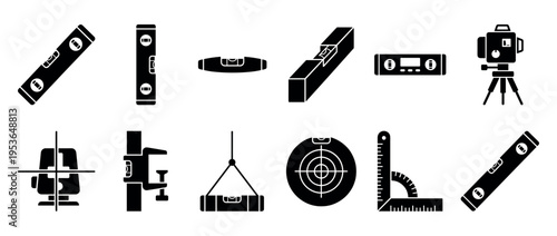 Various black silhouette icons of leveling tools, including spirit levels, laser levels, and measuring instruments, presented in a clean, graphic style