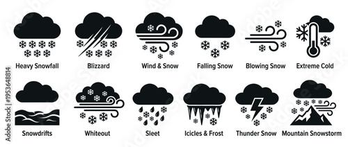 Collection of black and white winter weather icons depicting various snow, ice, and cold conditions, presented in a clean vector graphic style