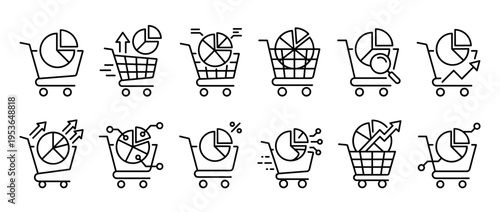 Twelve black outline shopping cart analytics icons illustrating various aspects of e-commerce data, market research, sales performance, and business intelligence in a clean, modern style