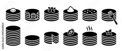 Various black silhouette pancake icons with toppings like butter, syrup, berries, and whipped cream, presented in a graphic, minimalist style