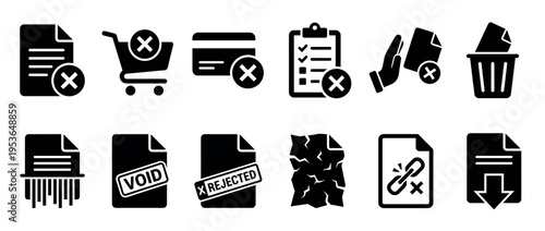 Comprehensive set of black glyph icons illustrating various concepts of rejection, cancellation, and document management, presented in a clean, modern, and high-contrast style