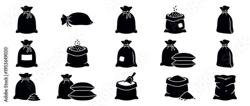 Collection of black silhouette sacks and bags featuring various forms, some filled with grain, some tied, and others patched, presented in a graphic icon style