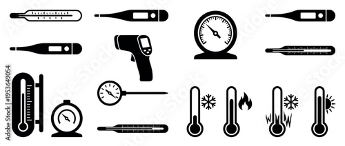 Collection of various black silhouette thermometer and temperature gauge icons, depicting different measuring devices in a clean, graphic style
