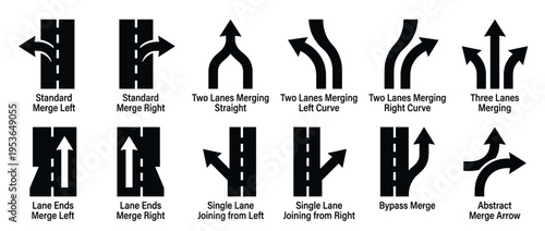 Comprehensive collection of black and white road merge icons, illustrating various traffic lane configurations and merging patterns with clear arrows and road markings