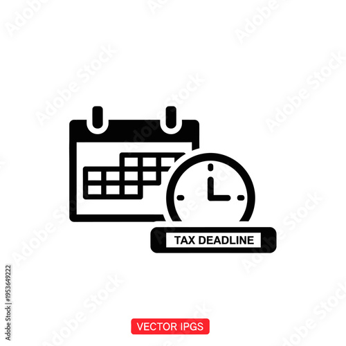 Black and white vector icon of a calendar and clock with a TAX DEADLINE label. Graphic representation for financial accounting, tax return filing dates, and business time management.