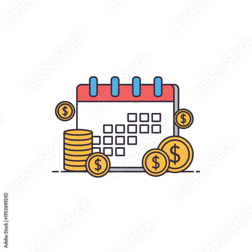 Flat vector icon of a monthly calendar with red header and blue rings, accompanied by gold dollar coins and a coin stack, depicting financial planning and payment deadlines.