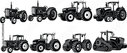 Set of Eight Evolution of Farming Tractors Vector Illustrations Including Vintage Retro Models Modern Heavy Machinery and Tracked Agriculture Equipment