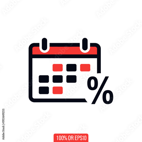 Flat vector calendar icon in red and black with a percentage sign, used for representing seasonal discount events, promotional sale dates, interest rates, and monthly tax deadlines.
