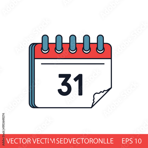 Minimalist calendar icon showing the thirty-first day of the month with a red header and teal rings, featuring a white sheet with the number 31 and a torn bottom corner detail.