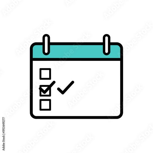 Vector illustration of a calendar icon with a teal header and vertical checklist. Two black checkmarks indicate completed tasks or tax filing deadlines on a plain white background.