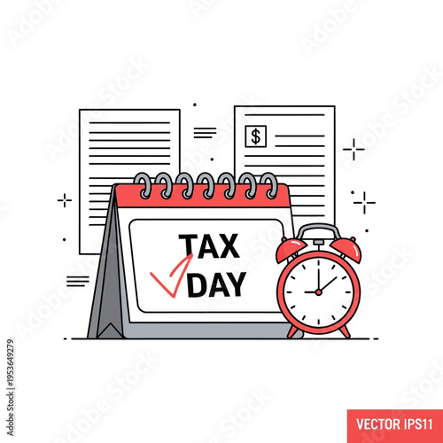 Minimalist flat line vector illustration featuring a desk calendar labeled Tax Day with a red checkmark, an alarm clock, and financial document forms on a white background.