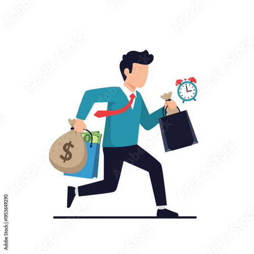 Flat vector illustration of a businessman running with a large money bag, shopping bags filled with cash, and a small pouch, with a red alarm clock indicating a tight deadline.