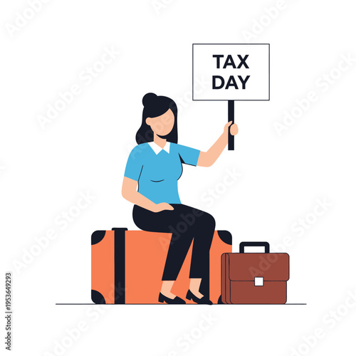Flat vector illustration of a woman sitting on a large orange suitcase and holding a white sign with Tax Day text, featuring a brown briefcase on a plain white background.