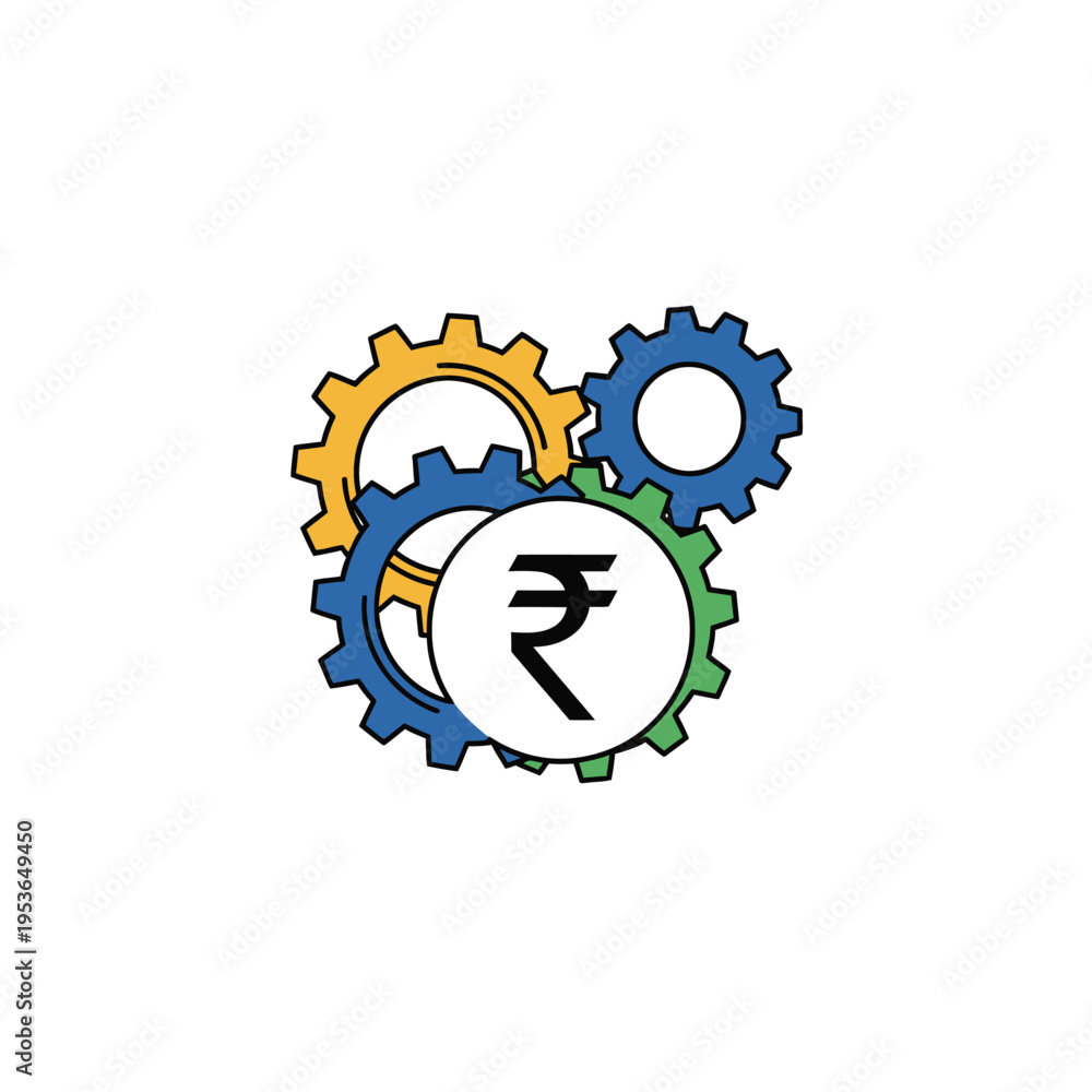 Obraz premium Interlocking mechanical cogwheels in yellow, blue, and green featuring the Indian Rupee currency symbol on a white background, depicting industrial finance and economic mechanisms.