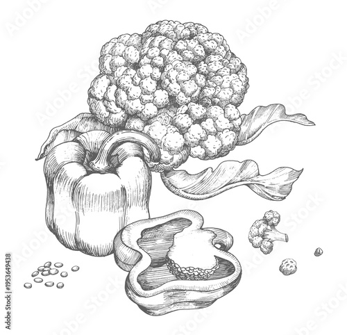 Composition of the bell peppers and cauliflower. Vector ink styled handmade illustration. For packaging design, cards, cover, prints, product labels and fabric.