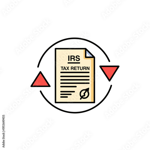Flat line art illustration of an IRS tax return document icon featuring text and a seal, set within a black circular border with red upward and downward pointing triangles on a white background.