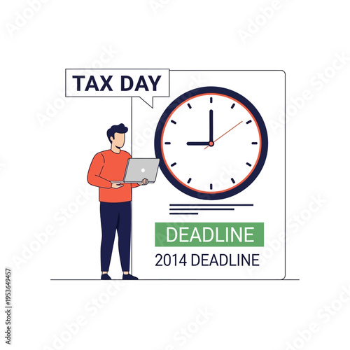 Flat vector illustration of a man holding a laptop next to a large analog clock and tax day deadline sign, representing financial accounting, time management, and filing pressure.