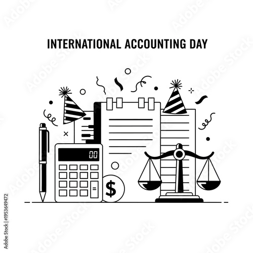 International Accounting Day vector illustration in black and white line art featuring a calculator, scales of justice, writing pen, financial documents, a dollar coin, and party hats.