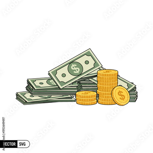 Illustration of green dollar banknotes stacked together with piles of gold dollar coins on a plain white background, representing wealth, banking, and financial success.
