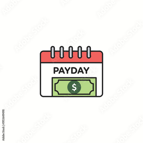 Flat vector illustration of a desk calendar featuring the word PAYDAY and a green dollar banknote icon, representing monthly salary, payroll schedule, financial planning, and earnings.