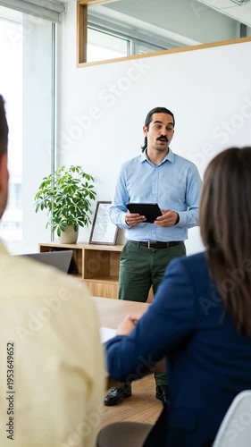 Wallpaper Mural Man presenting with tablet in modern office meeting, diverse colleagues listen attentively Torontodigital.ca
