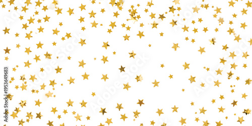 Scattered gold star confetti on white background, festive celebration, party or holiday design element