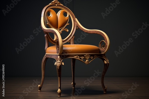 Luxurious wooden chair with orange upholstery, intricate carvings, and elegant design, creating a sophisticated atmosphere