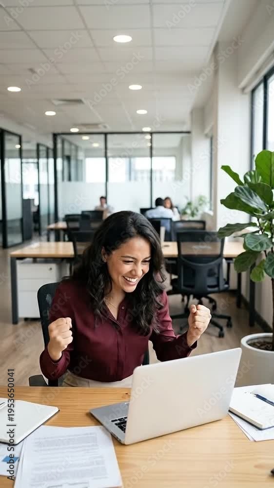 custom made wallpaper toronto digitalYoung woman celebrates success at her desk in a modern office environment.