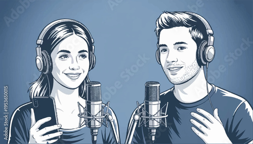 Vector illustration in a cartoon style in monochrome blue colors. A man and a woman with headphones and microphones are having a conversation during a podcast.
