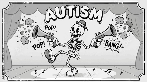Retro Rubber Hose Cartoon Skeleton with Horn Guns and "Pop Bang" Text - Autism Awareness Performance Theme in Classic Monochrome Animation Style