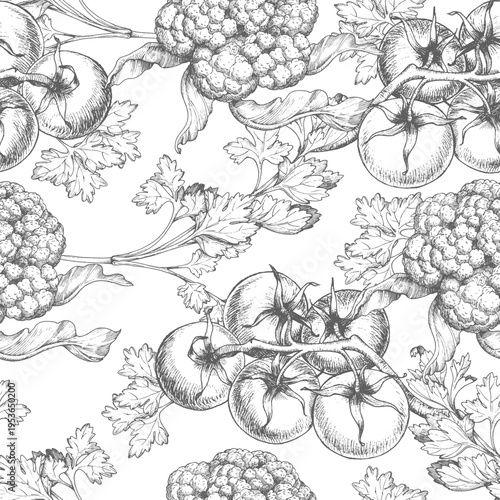 Seamless pattern of cauliflower, parsley, onion and tomatoes. Vector ink styled illustration. For packaging design, cards, cover, prints, product labels and fabric.