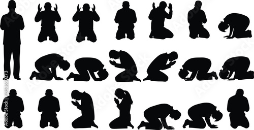 Muslim prayer silhouettes, men kneeling, Islamic worship poses, salah positions, spiritual devotion, faith ritual, prayer sequence, religious practice, silhouette collection