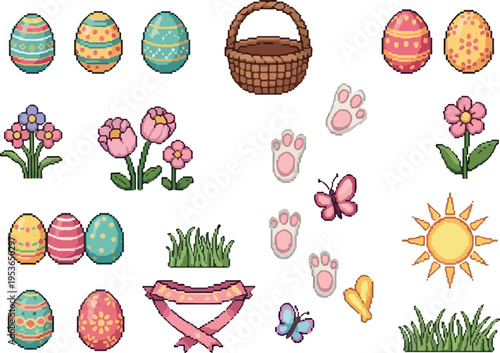 Pixel Art Easter Collection Featuring Eggs, Baskets, Flowers, And Spring Icons
