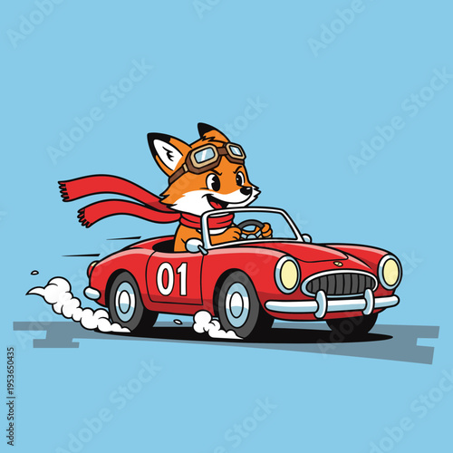 Cute cartoon fox character driving a classic red retro convertible sports car with racing number 01, wearing vintage goggles and a long flying red scarf.