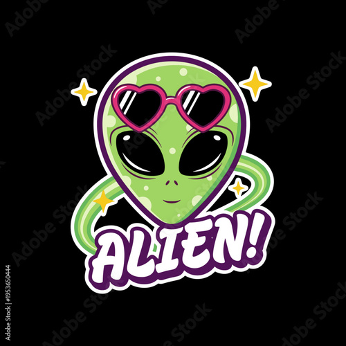 Kawaii green alien head wearing heart shaped sunglasses with decorative stars and colorful orbital rings, cute martian vector illustration isolated on black.