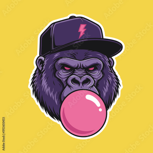 Aggressive purple gorilla head wearing a black baseball cap with pink lightning bolt and blowing a pink bubble gum, urban street style primate mascot.