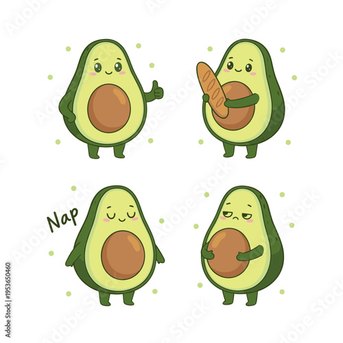 Set of cute avocado characters with different emotions and actions including thumbs up, holding bread, napping, and feeling sad, healthy food fruit vector.