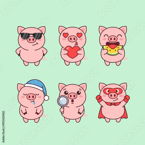 Collection of cute pink pig characters with various expressions such as wearing sunglasses, holding heart, eating watermelon, sleeping, and superhero pose.