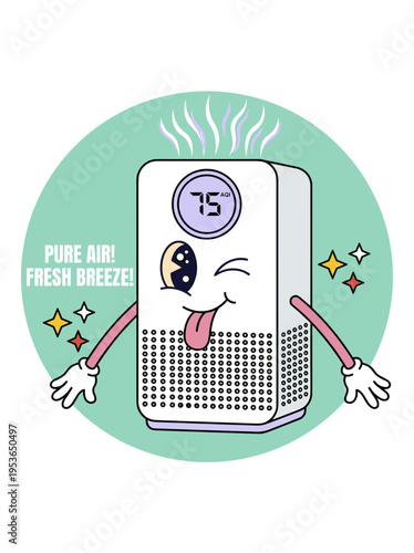 Cute cartoon air purifier character winking and showing tongue on green circle background, fresh breeze and pure air concept for home appliance vector.