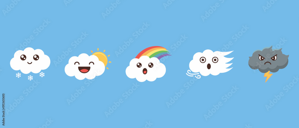 Obraz premium Weather forecast cloud icons set featuring snow, sun, rainbow, wind, and lightning storm with cute kawaii facial expressions for children mobile app.
