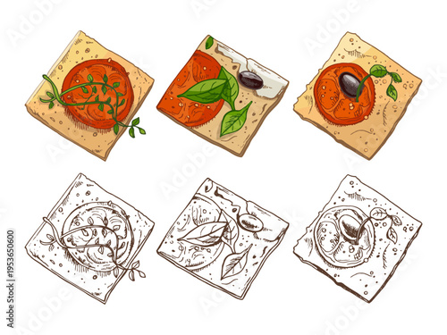 Hand drawn vintage bruschetta set with tomato olive basil on cracker bread color and monochrome illustration