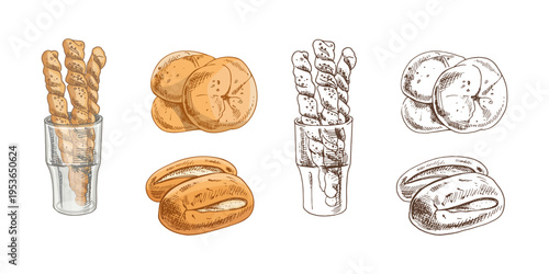 Hand drawn vintage bakery set with breadsticks buns and bagels color and monochrome illustration collection