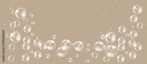 Clear glossy bubbles background with transparent soapy water spheres