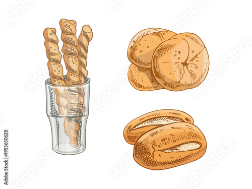 Hand drawn vintage bakery set with breadsticks buns and bagels baked goods illustration collection