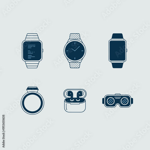 Modern wearable technology icon set including smartwatches, digital ring, wireless earbuds, and virtual reality vr goggles for high tech lifestyle design.