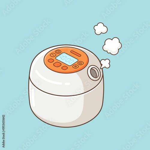 Modern electric rice cooker illustration with steam and digital display panel isolated on light blue background for kitchen appliance design
