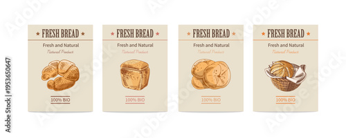 Hand drawn vintage bakery labels set with buns loaf and bread basket packaging design branding collection