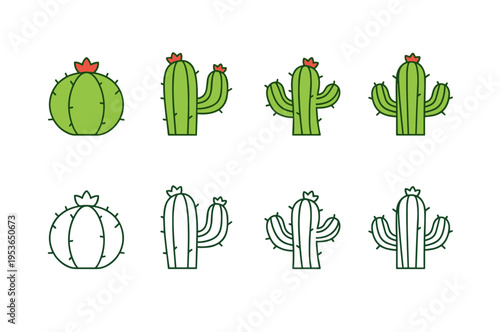 Collection of cactus icons in different shapes and styles including outline and colored flat vector illustrations for desert plant design