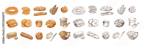 Hand drawn vintage bakery mega set with bread pastries and baked goods color and monochrome collection