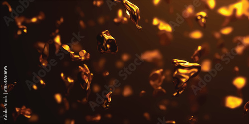 Abstract golden liquid drops, oil or honey, macro photography, blurred background, flowing substance, luxury, science, food ingredient, deep amber, liquid gold